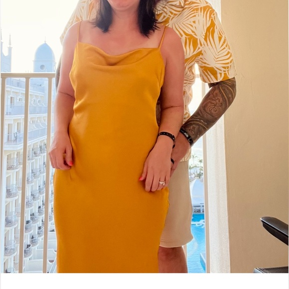 Worn once yellow golden silk dress from Express size small - Picture 2 of 5